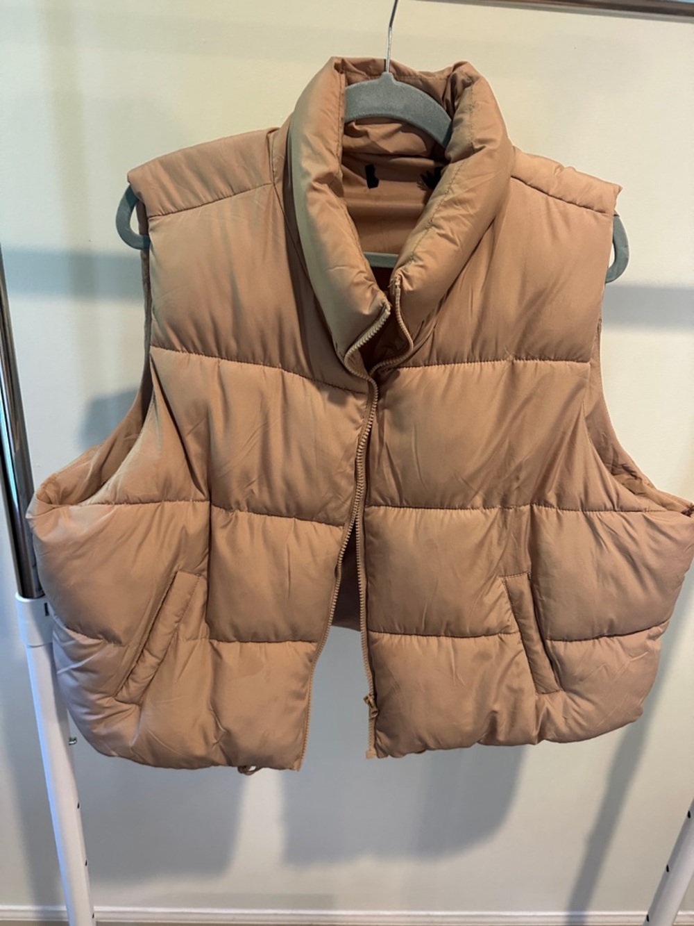 Women's Quilted Puffer Vest in Tan - Sleeveless Zip-Up